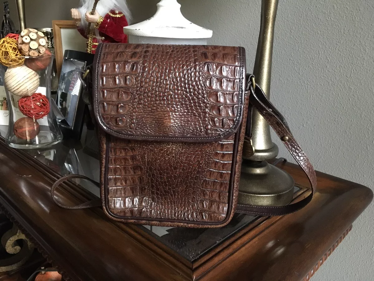 BRAHMIN Vintage Brown Leather Crocs Print. Crossbody Bag W snap Flap Closure