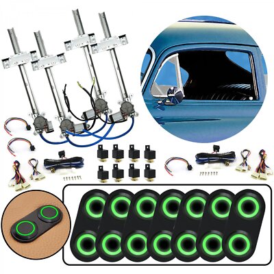 4 Door Flat Glass Power Window Kit Green Lighted Black Billet Aluminum Switches