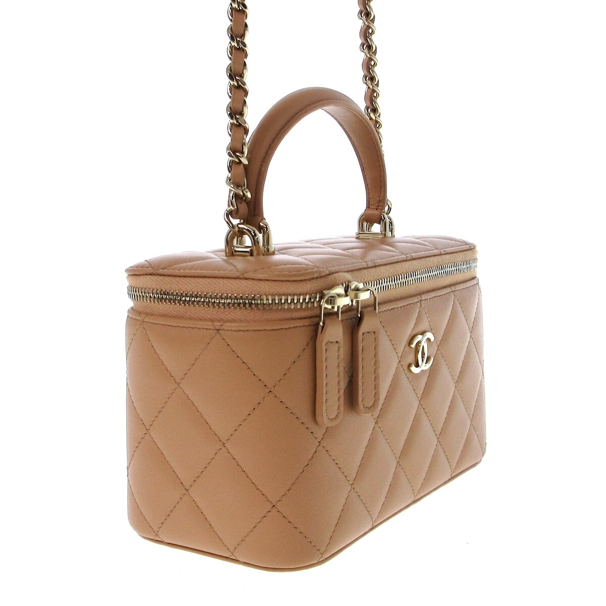 Auth CHANEL Vanity Case/Matelasse AP2199 Beige Lambskin Women's Vanity