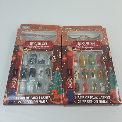 2 The Glam Gift  Pair Of Faux Glitter Lashes 24 Holiday Themed Press On Nails
