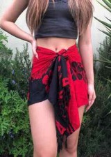 Hawaiian Sarong Short Black Red Hibiscus Wrap Skirt Beach Bikini Cover Up
