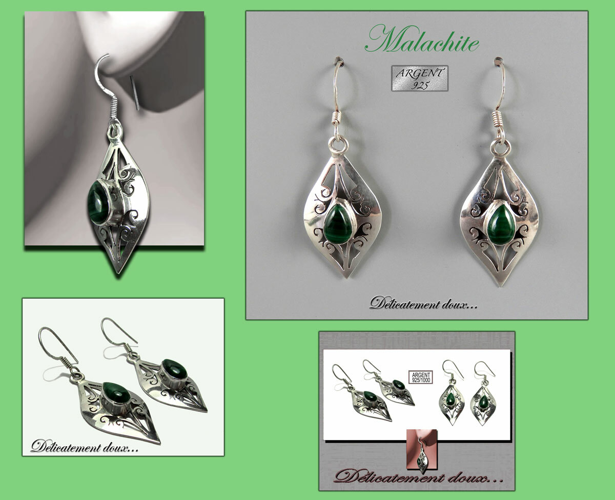 Boucles d'oreilles Malachite en Argent 925 ciselé idée cadeau d'anniversaire