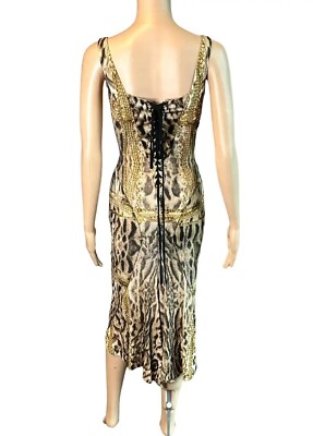 chinese dress ladies 2002 Roberto Cavalli Black Leather Appliqu Sheer Mesh Low-Cut Gown