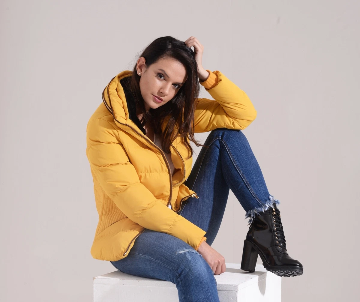 New Women Yellow High Collar Funnel Neck Quilted Puffer Jacket UK 8 10 12 14 16