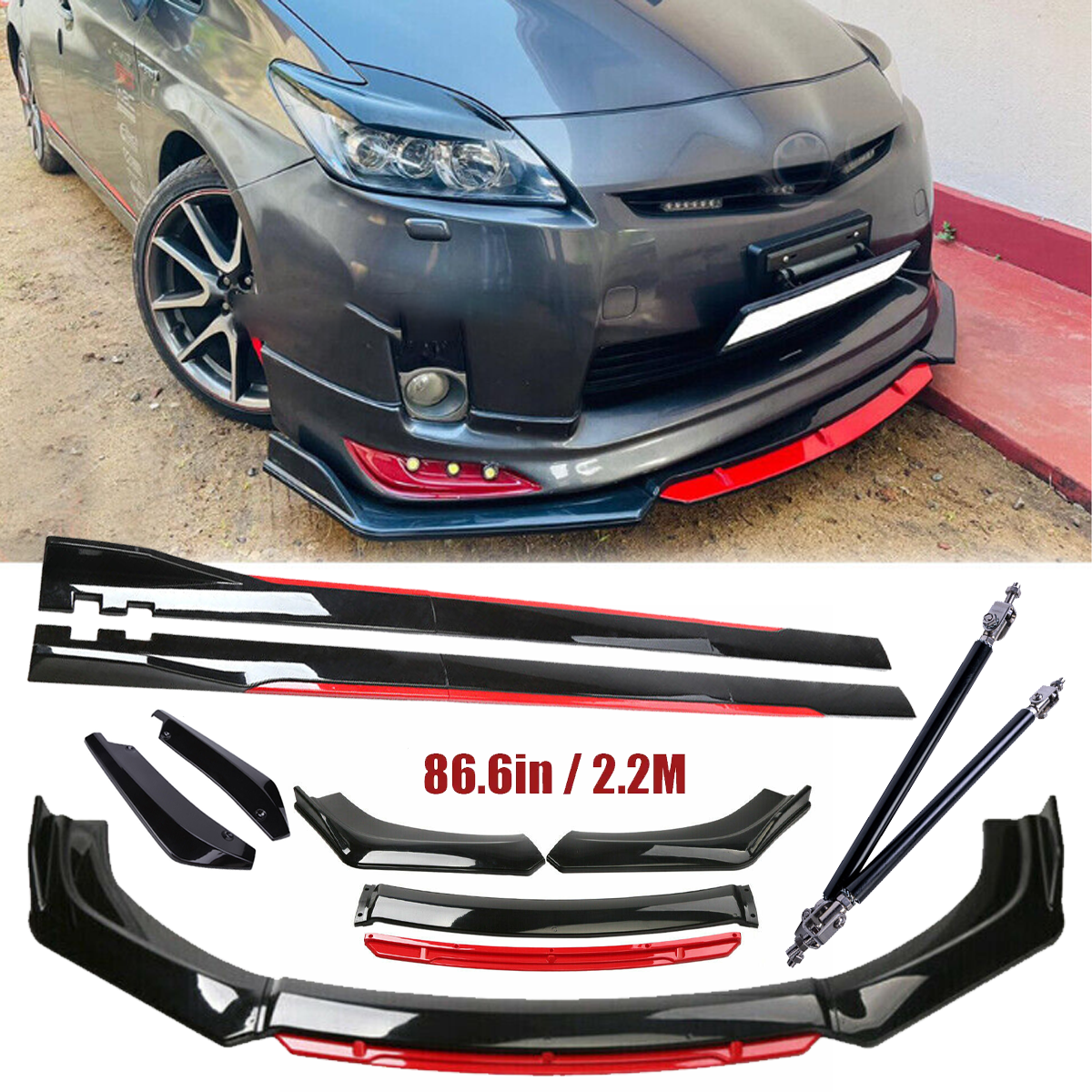 For Toyota Prius Front Bumper Lip Spoiler Splitter Side Skirt Glossy Black +Re