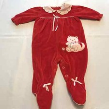Vtg Red Velour Cat Footie Pajamas One Piece Romper White Bib Hearts Sz 3-6 Mos