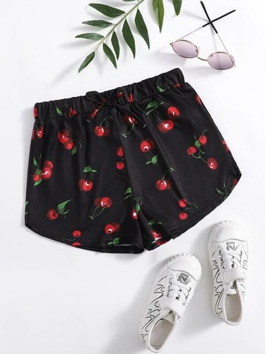 Shein girls 10yrs cherry print high waist dolphin hem shorts black nip