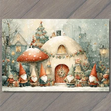 Art Print Winter Wonderland Gnomes Forest Mushroom House Red Hats Snow