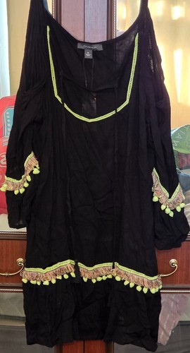 Bnwt size 18 ( xl ) black & yellow tassle top /dress / hippy/ beach/retro/ sun - Picture 2 of 3