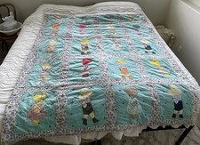 Vtg Sun Bonnet Overall Sam Patchwork Quilt Handmade Blue Green Red 80x60 Flaw