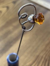 Thistle Hatpin #3… Amber Rhinestone… Sterling… Staff 8”… Horner?