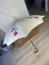 Vintage Rose Parasol Umbrella White Floral Wood Handle Tassel Wedding