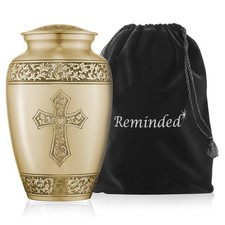 Adult Brass Cremation Memorial Urn for Human Ashes, Gold Black Stripe Velvet Bag