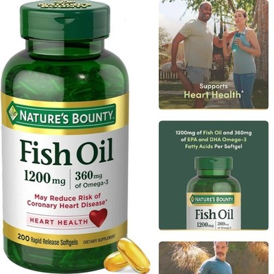 Purified 1200 Mg Fish Oil Softgels with Omega-3, 200 Count , Burpless Formula