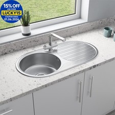 Stainless Steel Inset Round Kitchen Sink Single Bowl Reversible Drainer Waste