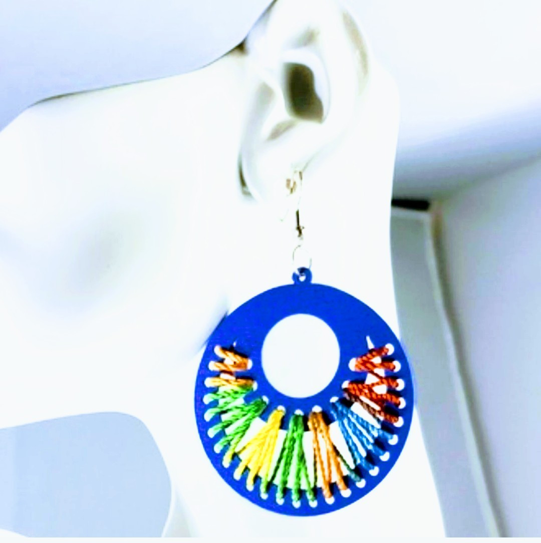  Wood Thread Round  Dangle Hook Earrings Blue Multi-Color 