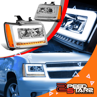 LED DRL Sequential Signal Headlight for 07-14 Chevy Tahoe Suburban Chrome Amberr