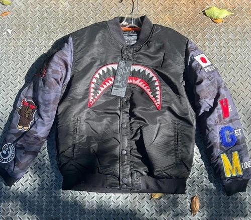 Bape Robert Phillipe Jacket Men's Large Black Sleeve Shark Varsity Bomber Ape - product listing photo