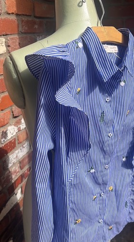 Zara Girls Blue Striped Floral Embroidered Flutter Sleeve Top Size 13/14 - Picture 5 of 7