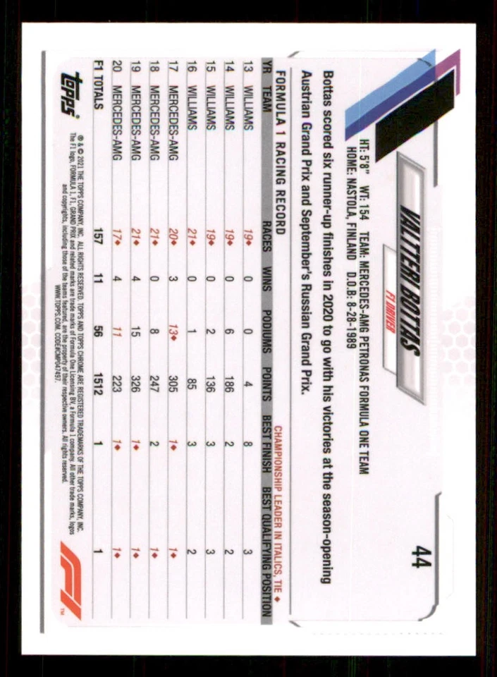 2021 Topps Chrome Formula 1 #44 Valtteri Bottas - Image 2 of 2