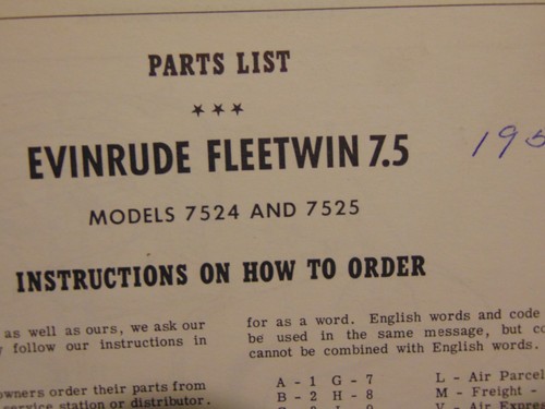 1958 Evinrude Outboard 7.5 HP Fleetwin Parts Catalog Manual 7524 7525 - Picture 2 of 4