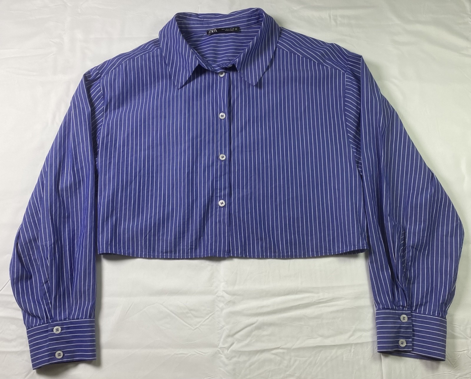 ZARA Blue & White Pinstripe Cropped Button-Up Shirt – Long Sleeve Collared Top