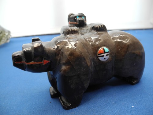 Zuni Black Marble MOTHERw/BEAR CUB,Fetish by Donovan Dewa,+SUNFACE+HEART LINE - Picture 1 of 20