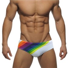 Mens Enhancing Low Rise Rainbow Stripe Swim Briefs, Front Removable Pad Push