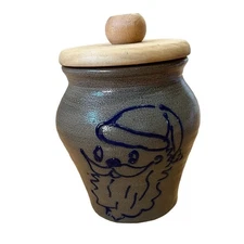 Beaumont Brothers Pottery Crock Cobalt Blue BBP Santa Face Salt Glaze Jar Lid