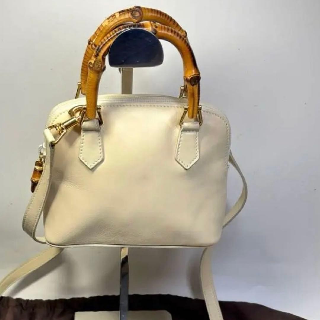 GUCCI Mini borsa a tracolla in bambù oro bianco sporco pelle di vitello auten...