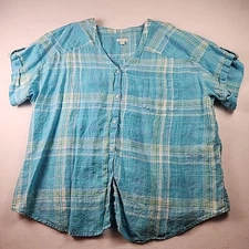 J Jill Love Linen 100% Linen Button Front Shirt Womens 2X Short Sleeve V Neck