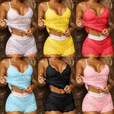 Women's Lace Pajamas Set Cami Vest Tops Shorts Underwear Nightwear Lingerie US