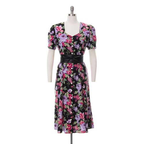 Vintage 1990s Shirt Dress 90s Metallic Floral Rose Print Black Pink Grunge Midi - Picture 3 of 10