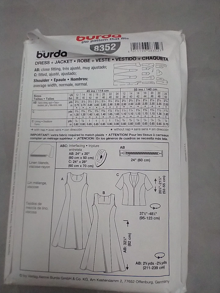 Burda Sewing Pattern 8353 Dress and Jacket sz 12 -24 UNCUT Sundress Sleeveless - Image 3 of 4