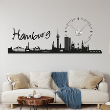 Wandtattoo Wanduhr Skyline Hamburg mit Sonne als Uhr für Ihr Wohnzimmer