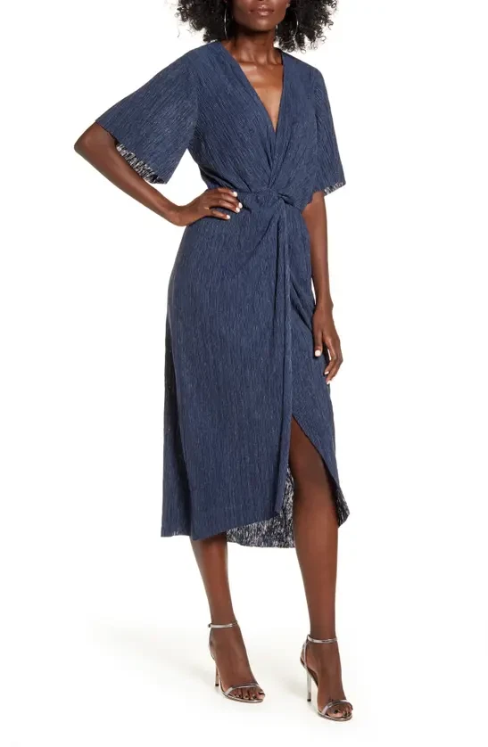 New All in Favor Dolman Plisse Surplice Knot Midi Dress Women s XS