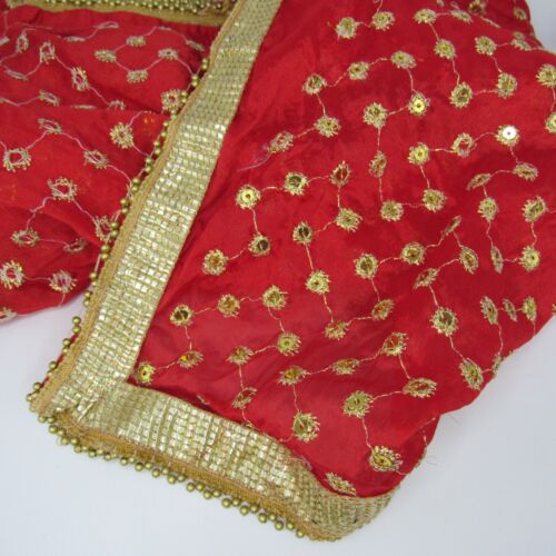 Dupatta Womens Scarf Indian Veil Red Gold Embroidered Sequin 38x94 Sheer Chunri - Picture 1 of 19