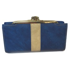 Vintage Wallet Change Purse Blue Tan Stripe Gold Colored Clasp Credit Card Slots
