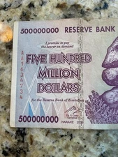 Authentic Zimbabwe Currency, CIRCULATED 500 Hundred Million Dollars Banknote