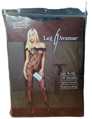 Leg Avenue One Size Black Lace Ruffle Bodystocking Off Shoulder NWT 