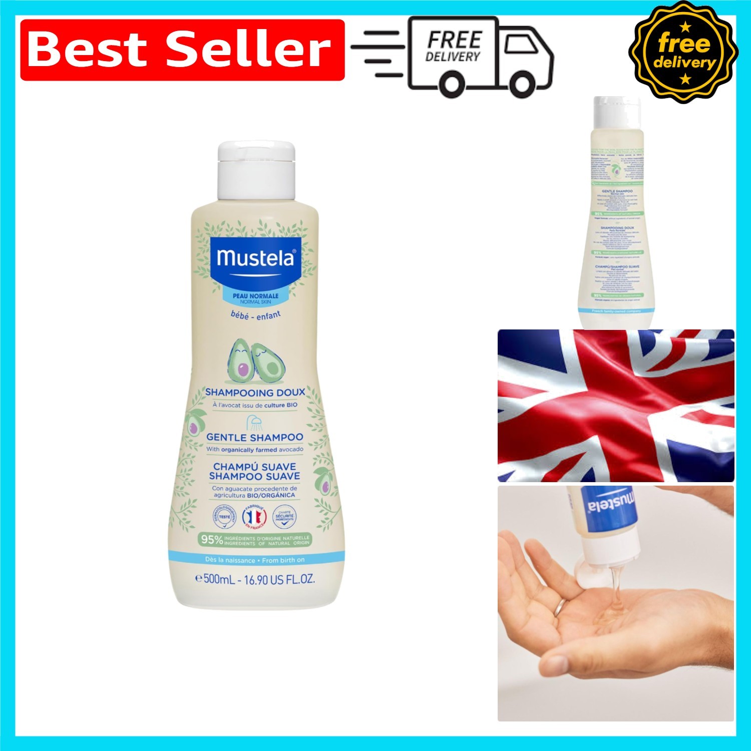 Champú limpiador suave 500 ml para cabello sensible - seguro y natural para bebés