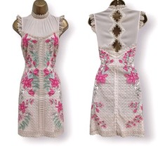 Karen Millen Nude Georgette Lace Embroidered Pencil Occasion Dress UK 12 RRP£299