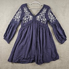 Blue Rain Womens Navy Blue Embroidered Boho Mini Dress V-Neck Long Sleeve Small