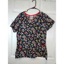 Women's sz M ScrubStar Black Floral Short Sleeved Scrub Top Shirt