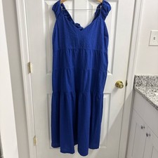 Old Navy Tiered Seersucker Maxi Dress XXL Blue Pockets Tie Back Smocked Sundress