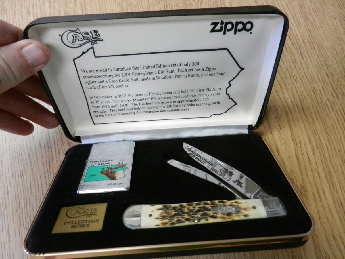 NEW 2001 Case XX Zippo Pennsylvania Elk Hunt Knife/Lighter Set