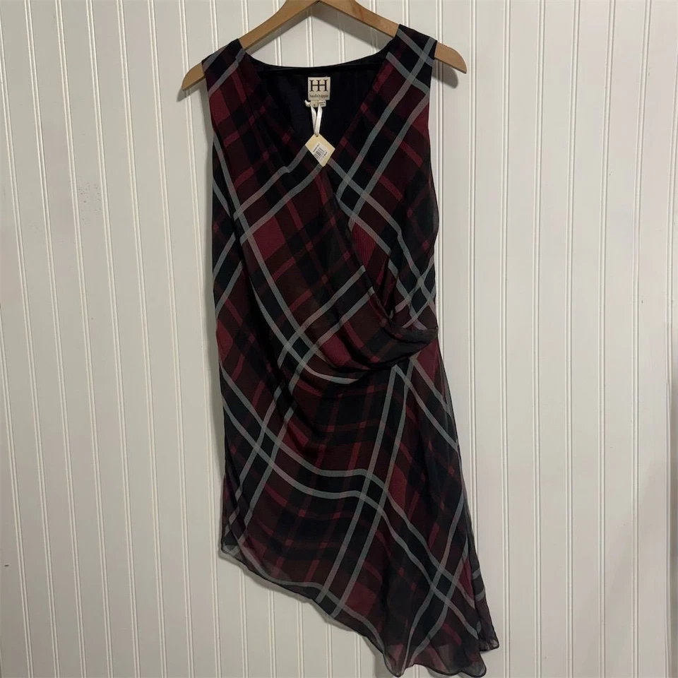 Vestido assimétrico xadrez Haute Hippie 100% seda novo com etiquetas Borgonha pequeno $365 - Imagem 3 de 4