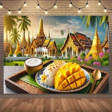 2D Flat, 1pc Thai-Style Mango Sticky Rice Backdrop with Temple - Vibrant Polyest