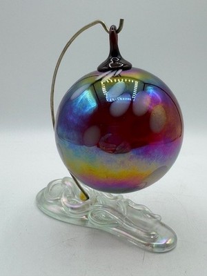 Hand Blown Art Glass Ornament Ruby Red Opal Dot w/ Dichroic Glass Display Stand