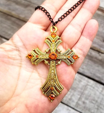 Large Gold Cross Necklace with Red Crystals Cross Pendant Necklace 20" Long